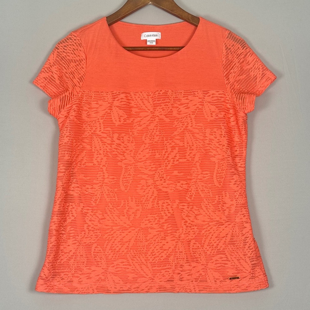Calvin Klein Top Women Small Coral NWOT Textured Lace Short Sleeve Lined Blouse